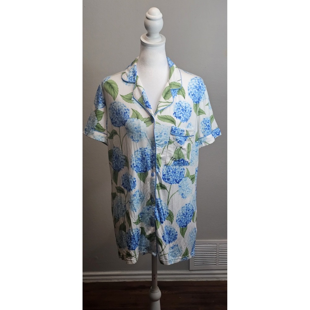 In My Sundays Women's M Blue Hydrangea Floral Pajama Top Tencel Button Front